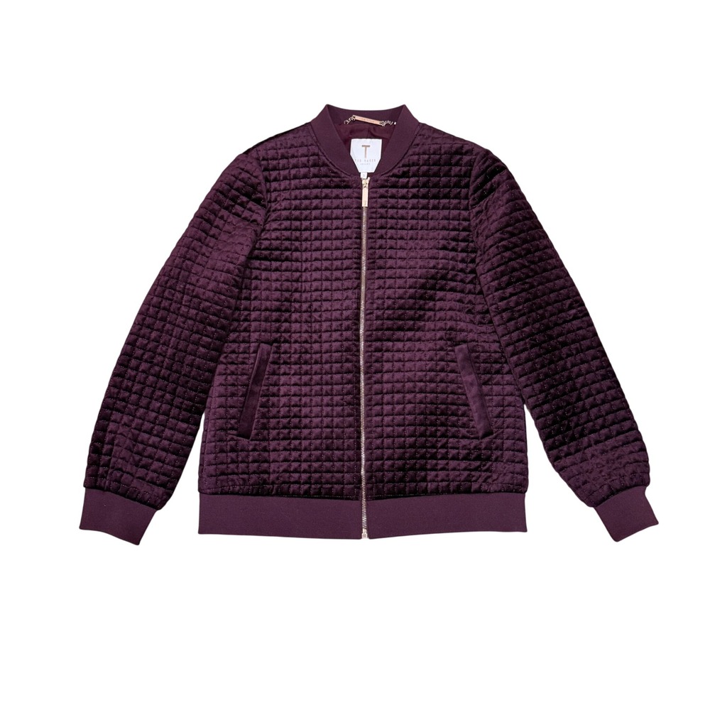 Ted Baker Prindil Velvet‎ Burgundy Quilted Bomber Jacket Sz 3 M Medium Luxury